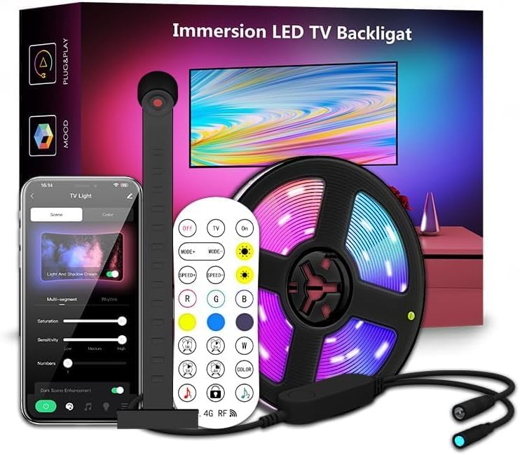 Bandă LED RGBIC inteligentă cu cameră pentru TV, sincronizare în timp real cu imaginea ecranului, control prin telecomandă și aplicație, universal televizoare cu dimensiune de pana la 160cm